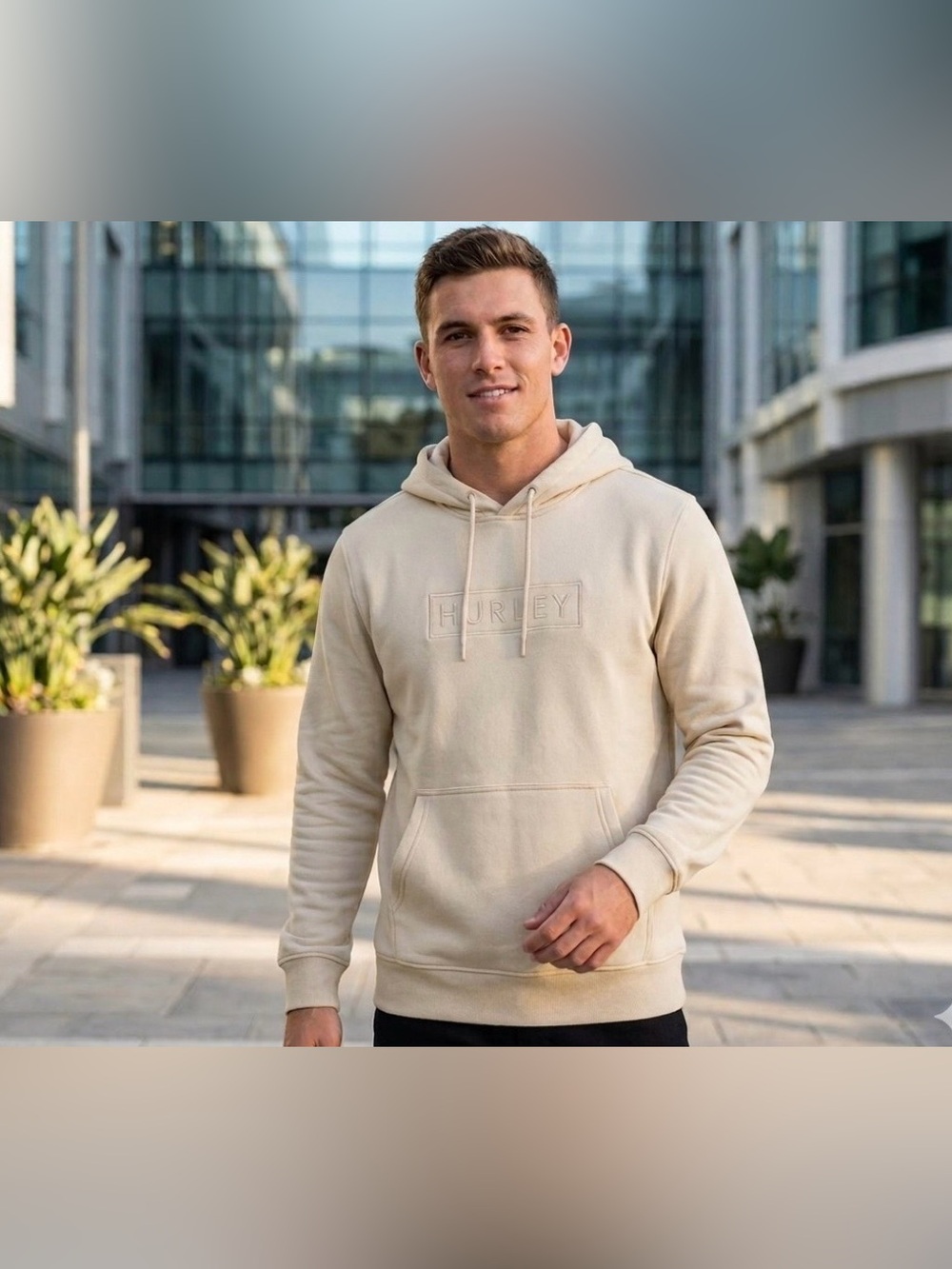 Hurley Men's Bone Coloured Embroidered Pullover Hoodie.